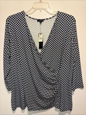Talbots NWT V Neck Faux Wrap Ruched Geometric Print Sleeves Blouse Top Size 0X